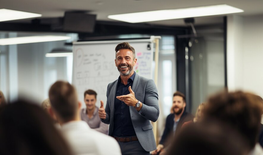 Business-Trainer hält motivierenden Vortrag vor einer Gruppe von Seminarteilnehmenden